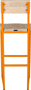 Orange metal stool with back with whitewash stain ash wood made in UK - back view square frame