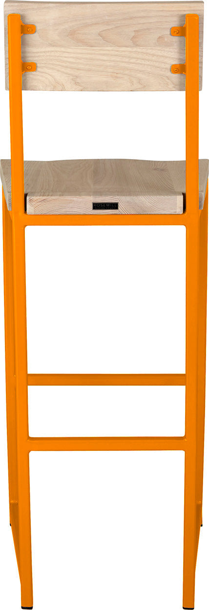 Orange metal stool with back with whitewash stain ash wood made in UK - back view square frame