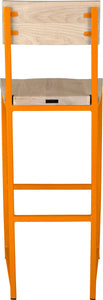 Orange metal stool with back with whitewash stain ash wood made in UK - back view square frame