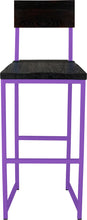 Load image into Gallery viewer, Purple metal stool with back with black stain ash wood made in UK - front view square frame
