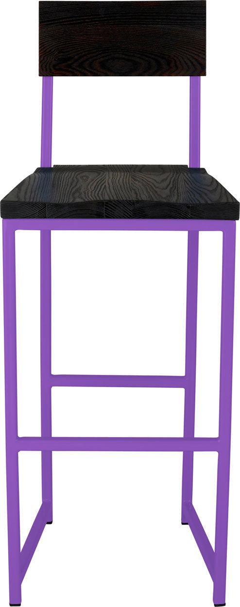 Purple metal stool with back with black stain ash wood made in UK - front view square frame