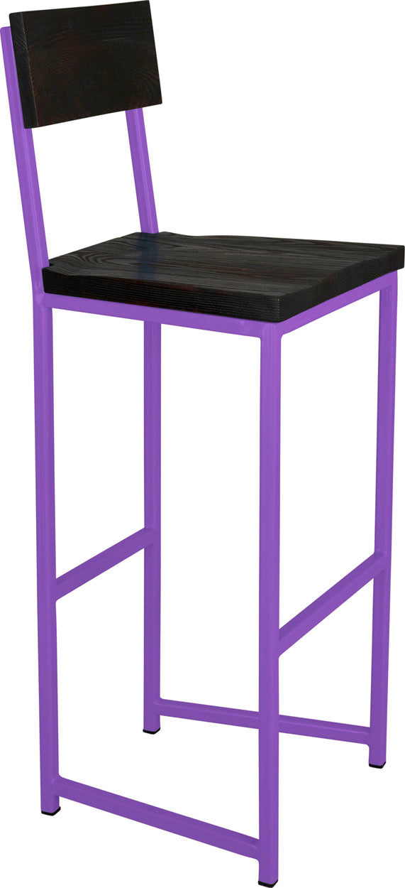 Purple metal stool with back with black stain ash wood made in UK - angle view square frame