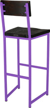 Load image into Gallery viewer, Purple metal stool with back with black stain ash wood made in UK - back side view square frame
