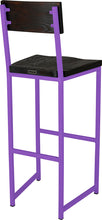 Load image into Gallery viewer, Purple metal stool with back with black stain ash wood made in UK - back side view square frame
