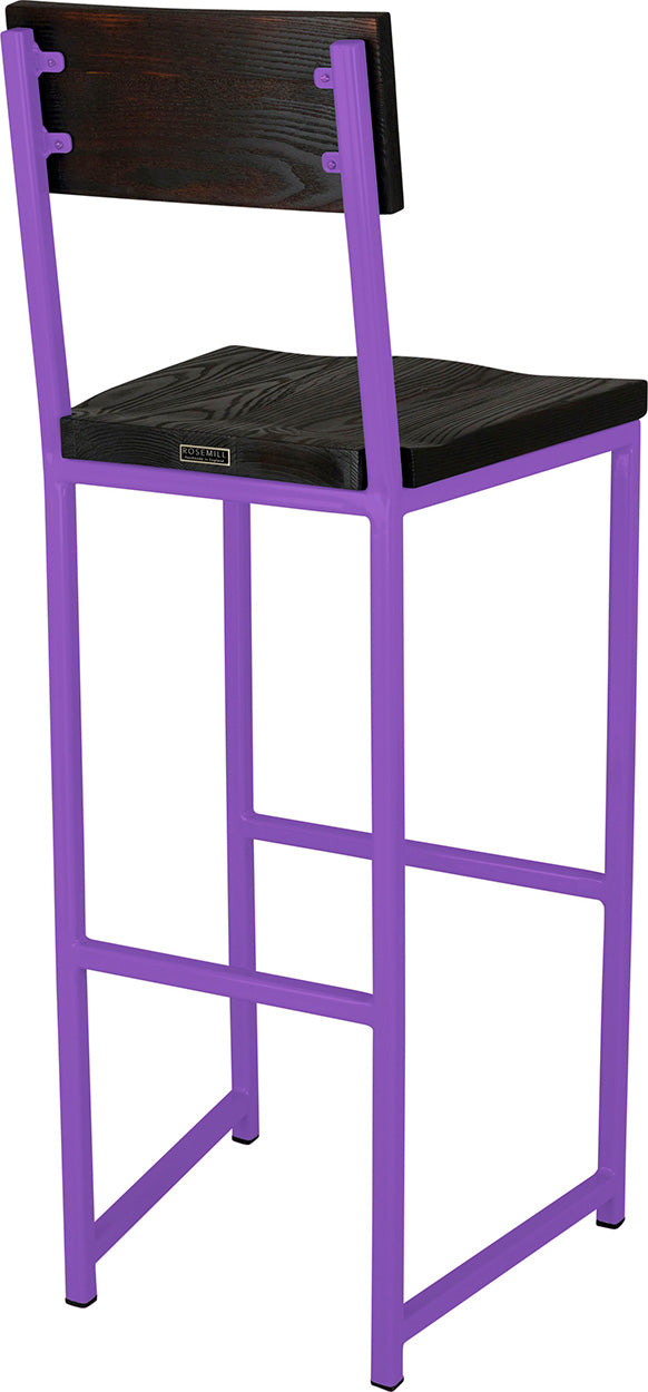Purple metal stool with back with black stain ash wood made in UK - back side view square frame