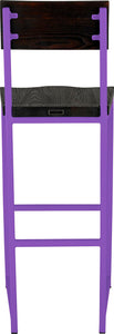 Purple metal stool with back with black stain ash wood made in UK - back view square frame