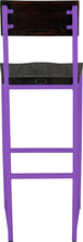 Load image into Gallery viewer, Purple metal stool with back with black stain ash wood made in UK - back view square frame

