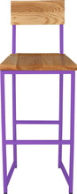 Load image into Gallery viewer, Purple metal stool with back with natural stain ash wood made in UK - front view square frame
