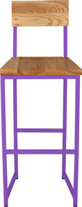 Purple metal stool with back with natural stain ash wood made in UK - front view square frame