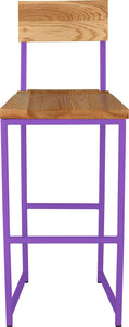 Purple metal stool with back with natural stain ash wood made in UK - front view square frame