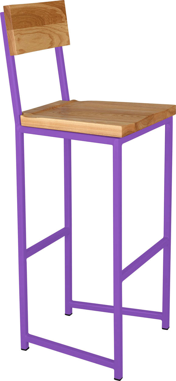 Purple metal stool with back with natural stain ash wood made in UK - angle view square frame