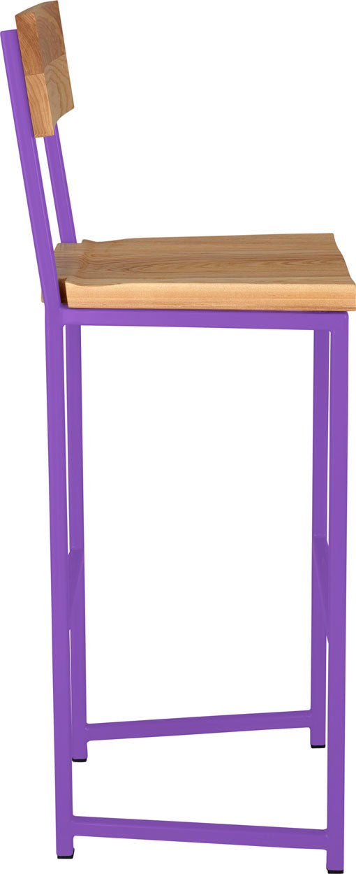 Purple metal stool with back with natural stain ash wood made in UK - side view square frame