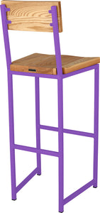 Purple metal stool with back with natural stain ash wood made in UK - back side view square frame