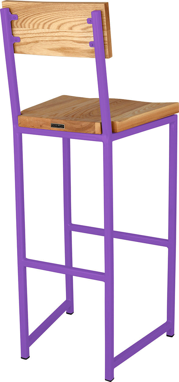 Purple metal stool with back with natural stain ash wood made in UK - back side view square frame