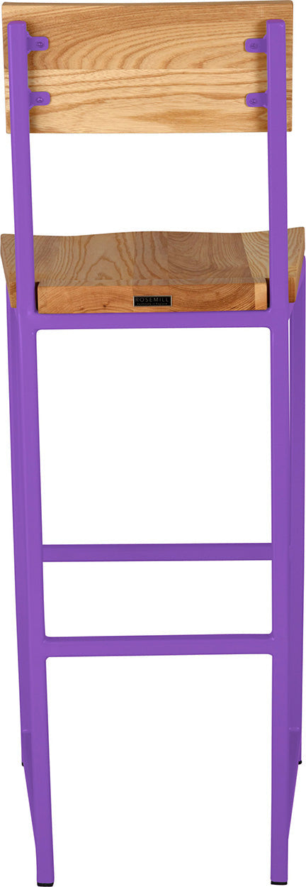 Purple metal stool with back with natural stain ash wood made in UK - back view square frame