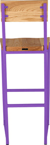 Purple metal stool with back with natural stain ash wood made in UK - back view square frame