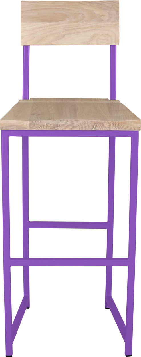 Purple metal stool with back with whitewash stain ash wood made in UK - front view square frame