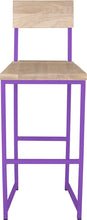 Load image into Gallery viewer, Purple metal stool with back with whitewash stain ash wood made in UK - front view square frame
