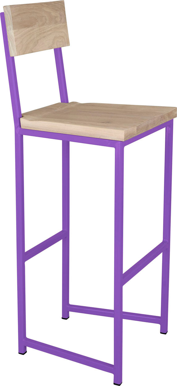 Purple metal stool with back with whitewash stain ash wood made in UK - angle view square frame