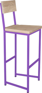 Purple metal stool with back with whitewash stain ash wood made in UK - angle view square frame