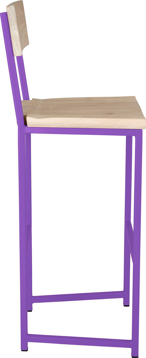 Purple metal stool with back with whitewash stain ash wood made in UK - side view square frame