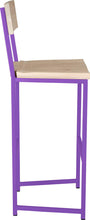 Load image into Gallery viewer, Purple metal stool with back with whitewash stain ash wood made in UK - side view square frame
