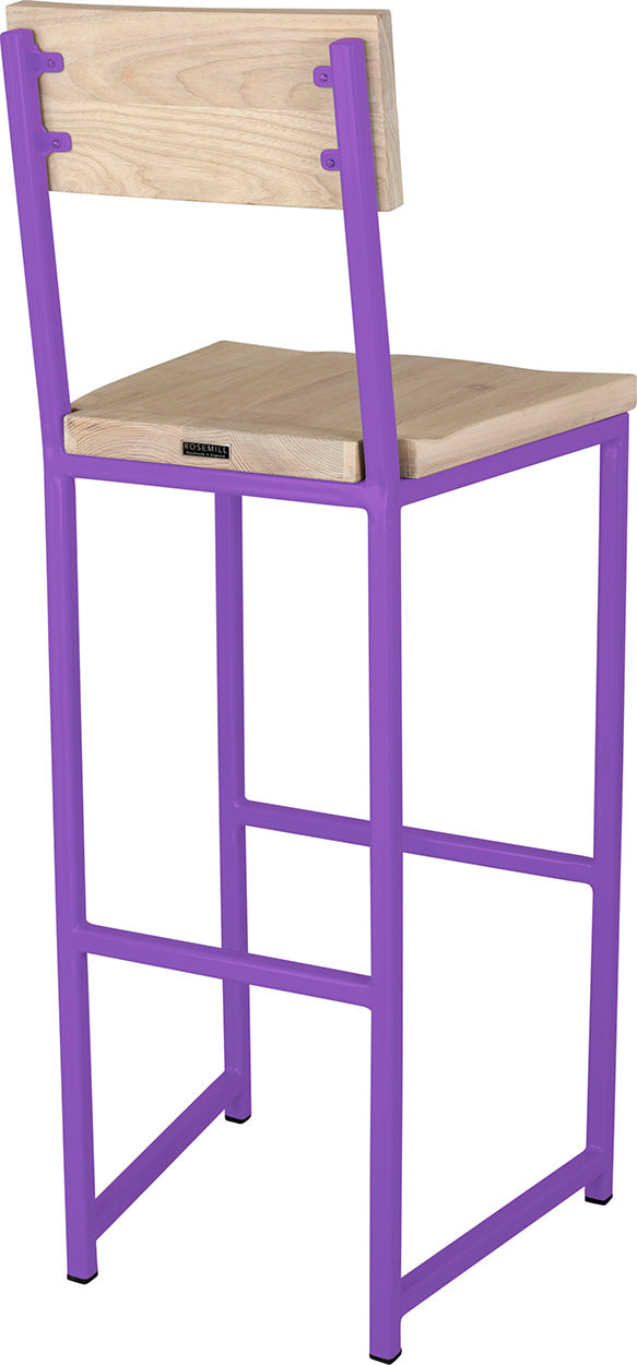 Purple metal stool with back with whitewash stain ash wood made in UK - back side view square frame