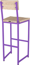 Load image into Gallery viewer, Purple metal stool with back with whitewash stain ash wood made in UK - back side view square frame
