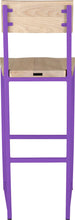 Load image into Gallery viewer, Purple metal stool with back with whitewash stain ash wood made in UK - back view square frame

