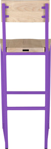 Purple metal stool with back with whitewash stain ash wood made in UK - back view square frame
