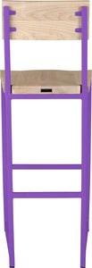 Purple metal stool with back with whitewash stain ash wood made in UK - back view square frame