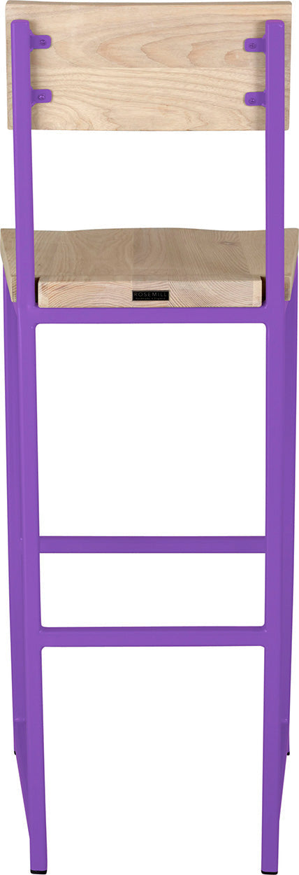 Purple metal stool with back with whitewash stain ash wood made in UK - back view square frame