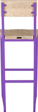 Load image into Gallery viewer, Purple metal stool with back with whitewash stain ash wood made in UK - back view square frame
