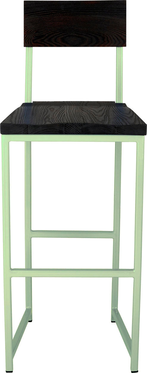Mint green metal stool with back with black stain ash wood made in UK - front view square frame
