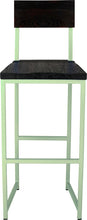 Load image into Gallery viewer, Mint green metal stool with back with black stain ash wood made in UK - front view square frame
