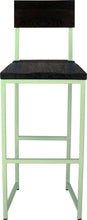 Load image into Gallery viewer, Mint green metal stool with back with black stain ash wood made in UK - front view square frame
