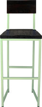 Load image into Gallery viewer, Mint green metal stool with back with black stain ash wood made in UK - front view square frame
