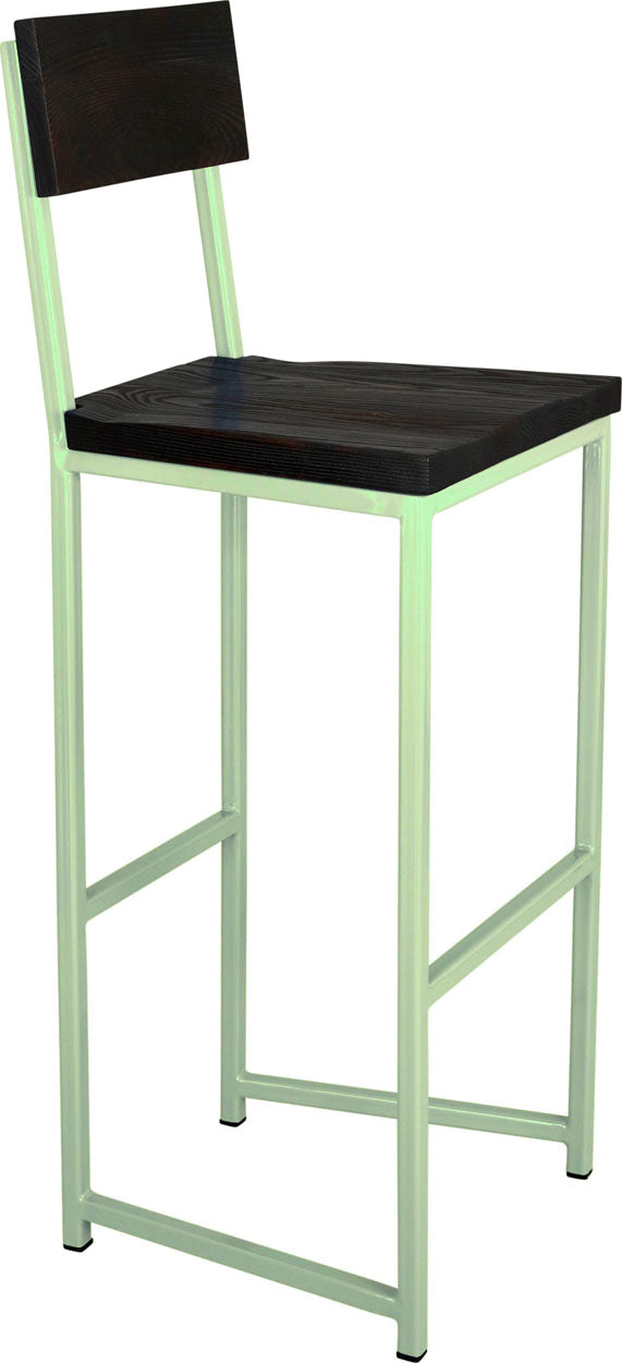 Mint green metal stool with back with black stain ash wood made in UK - angle view square frame