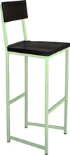 Load image into Gallery viewer, Mint green metal stool with back with black stain ash wood made in UK - angle view square frame
