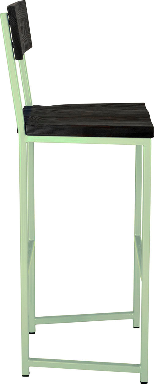Mint green metal stool with back with black stain ash wood made in UK - side view square frame
