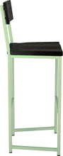 Load image into Gallery viewer, Mint green metal stool with back with black stain ash wood made in UK - side view square frame
