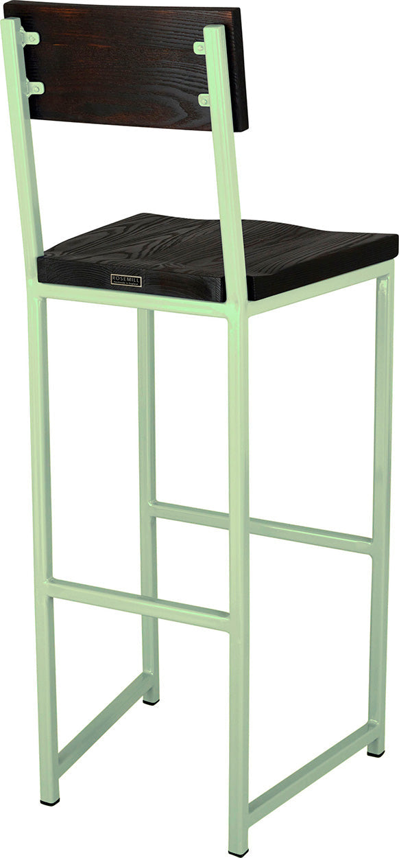 Mint green metal stool with back with black stain ash wood made in UK - back side view square frame