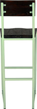 Load image into Gallery viewer, Mint green metal stool with back with black stain ash wood made in UK - back view square frame
