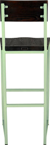 Mint green metal stool with back with black stain ash wood made in UK - back view square frame