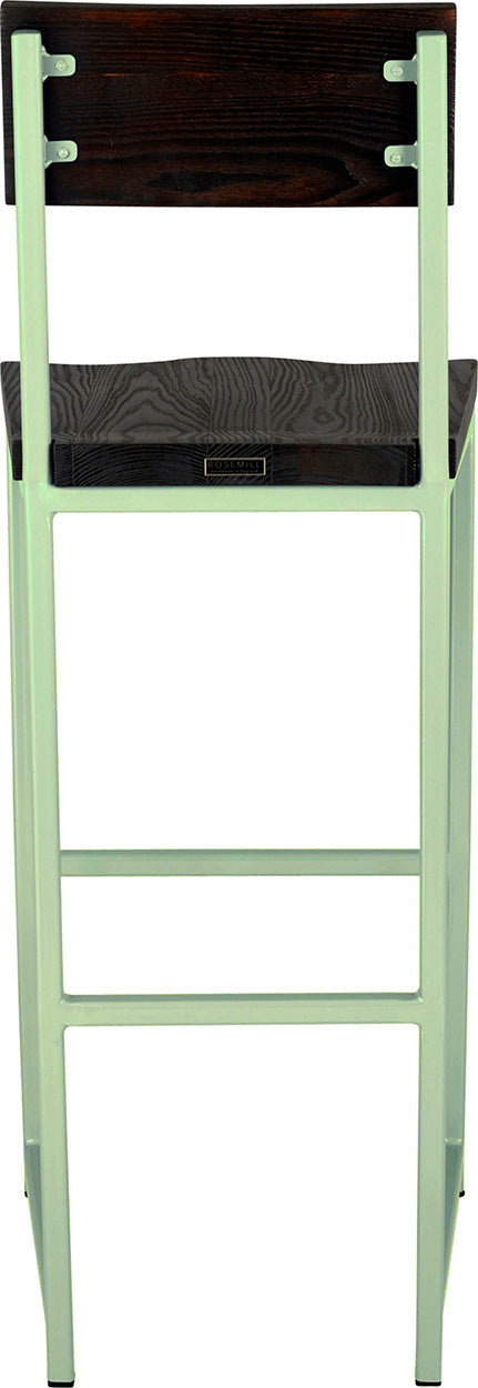 Mint green metal stool with back with black stain ash wood made in UK - back view square frame