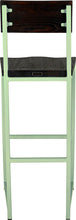Load image into Gallery viewer, Mint green metal stool with back with black stain ash wood made in UK - back view square frame
