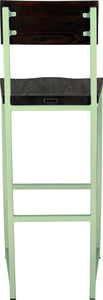 Mint green metal stool with back with black stain ash wood made in UK - back view square frame