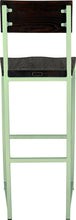 Load image into Gallery viewer, Mint green metal stool with back with black stain ash wood made in UK - back view square frame
