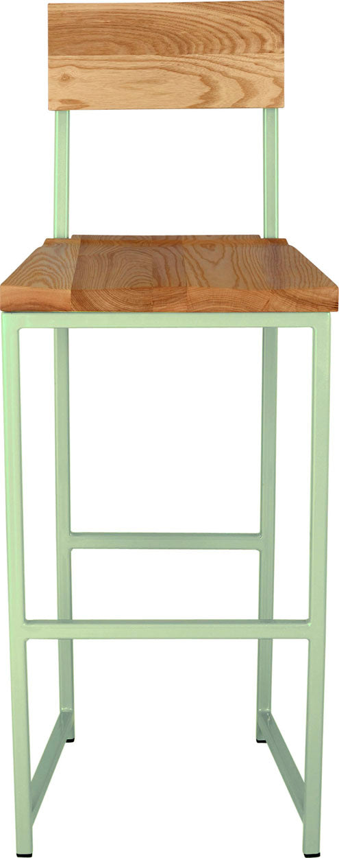 Mint green metal stool with back with natural stain ash wood made in UK - front view square frame