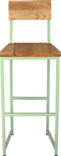 Load image into Gallery viewer, Mint green metal stool with back with natural stain ash wood made in UK - front view square frame
